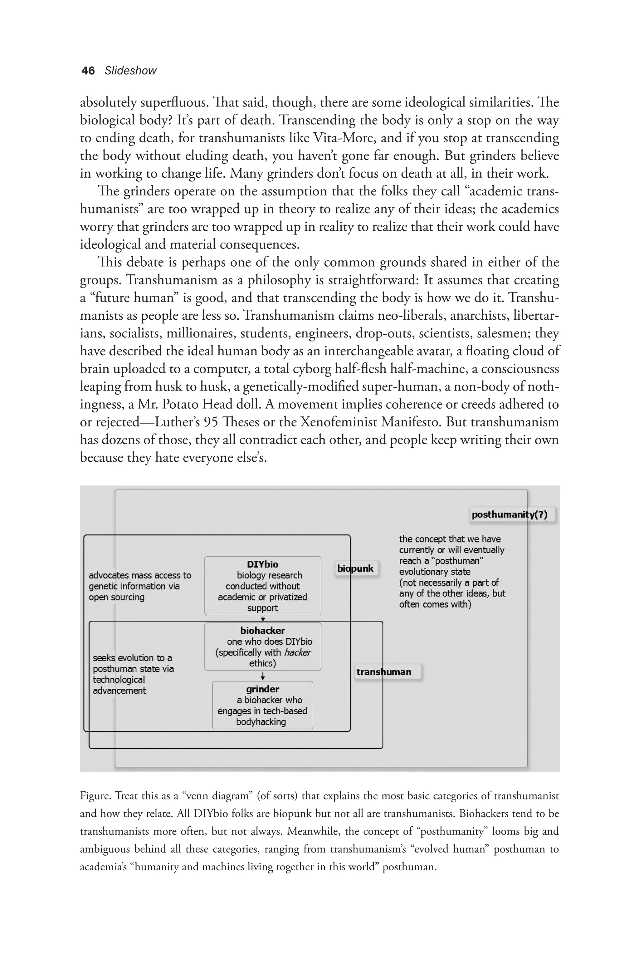 46 Slideshow
absolutely superfluous. That said, though, there are some ideological similarities. The
biological body? It’s part of death. Transcending the body is only a stop on the way
to ending death, for transhumanists like Vita-More, and if you stop at transcending
the body without eluding death, you haven’t gone far enough. But grinders believe
in working to change life. Many grinders don’t focus on death at all, in their work.
The grinders operate on the assumption that the folks they call “academic trans-
humanists” are too wrapped up in theory to realize any of their ideas; the academics
worry that grinders are too wrapped up in reality to realize that their work could have
ideological and material consequences.
This debate is perhaps one of the only common grounds shared in either of the
groups. Transhumanism as a philosophy is straightforward: It assumes that creating
a “future human” is good, and that transcending the body is how we do it. Transhu-
manists as people are less so. Transhumanism claims neo-liberals, anarchists, libertar-
ians, socialists, millionaires, students, engineers, drop-outs, scientists, salesmen; they
have described the ideal human body as an interchangeable avatar, a floating cloud of
brain uploaded to a computer, a total cyborg half-flesh half-machine, a consciousness
leaping from husk to husk, a genetically-modified super-human, a non-body of noth-
ingness, a Mr. Potato Head doll. A movement implies coherence or creeds adhered to
or rejected—Luther’s 95 Theses or the Xenofeminist Manifesto. But transhumanism
has dozens of those, they all contradict each other, and people keep writing their own
because they hate everyone else’s.
Figure. Treat this as a “venn diagram” (of sorts) that explains the most basic categories of transhumanist
and how they relate. All DIYbio folks are biopunk but not all are transhumanists. Biohackers tend to be
transhumanists more often, but not always. Meanwhile, the concept of “posthumanity” looms big and
ambiguous behind all these categories, ranging from transhumanism’s “evolved human” posthuman to
academia’s “humanity and machines living together in this world” posthuman.
 