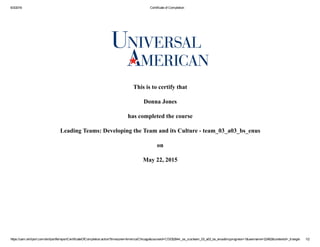6/3/2016 Certificate of Completion
https://uam.skillport.com/skillportfe/reportCertificateOfCompletion.action?timezone=America/Chicago&courseid=CDE$2844:_ss_cca:team_03_a03_bs_enus&myprogress=1&username=22462&contextid=_triangle 1/2
This is to certify that
Donna Jones
has completed the course
Leading Teams: Developing the Team and its Culture ­ team_03_a03_bs_enus
on
May 22, 2015
 