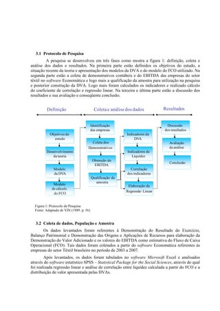 3.1 Protocolo de Pesquisa
          A pesquisa se desenvolveu em três fases como mostra a figura 1: definição, coleta e
análise dos dados e resultados. Na primeira parte estão definidos os objetivos do estudo, a
situação recente da teoria e apresentação dos modelos da DVA e do modelo do FCO utilizado. Na
segunda parte estão a coleta de demonstrativos contábeis e do EBITDA das empresas do setor
têxtil no software Economática e logo mais a qualificação da amostra para utilização na pesquisa
e posterior construção da DVA. Logo mais foram calculados os indicadores e realizado cálculo
do coeficiente de correlação e regressão linear. Na terceira e última parte estão a discussão dos
resultados e sua avaliação e conseqüente conclusão.


         Definição                         Coleta e análise dos dados         Resultados


                                         Identificação                         Discussão
                                         das empresas                         dos resultados
           Objetivos do                                     Indicadores da
              estudo                                             DVA
                                      Coleta dos                                 Avaliação
                                    Demonstrativos                               da análise
         Desenvolvimento                                    Indicadores de
             da teoria                                         Liquidez
                                          Obtenção do
                                                                                 Conclusão
                                           EBITDA
              Modelo                                          Correlação
              da DVA                                        dos indicadores
                                         Qualificação da
                                            amostra
              Modelo                                        Elaboração da
             de cálculo
                                                           Regressão Linear
              do FCO


  Figura 1: Protocolo de Pesquisa
  Fonte: Adaptado de YIN (1989. p. 56)


  3.2 Coleta de dados, População e Amostra
      Os dados levantados foram referentes à Demonstração do Resultado do Exercício,
Balanço Patrimonial e Demonstração das Origens e Aplicações de Recursos para elaboração da
Demonstração do Valor Adicionado e os valores do EBITDA como estimativa do Fluxo de Caixa
Operacional (FCO). Tais dados foram coletados a partir do software Economática referentes às
empresas do setor Têxtil brasileiro no período de 2003 a 2007.
        Após levantados, os dados foram tabulados no software Microsoft Excel e analisados
através do software estatístico SPSS – Statistical Package for the Social Sciences, através do qual
foi realizada regressão linear e análise de correlação entre liquidez calculada a partir do FCO e a
distribuição de valor apresentada pelas DVAs.
 