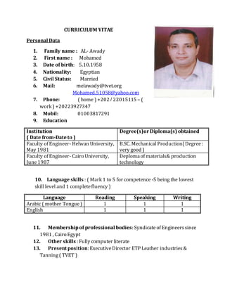 CURRICULUM VITAE
Personal Data
1. Family name : AL- Awady
2. First name : Mohamed
3. Date of birth: 5.10.1958
4. Nationality: Egyptian
5. Civil Status: Married
6. Mail: melawady@tvet.org
Mohamed.51058@yahoo.com
7. Phone: ( home ) +202 / 22015115 – (
work ) +20223927347
8. Mobil: 01003817291
9. Education
Institution
( Date from-Date to )
Degree(s)or Diploma(s) obtained
Faculty of Engineer- Helwan University,
May 1981
B.SC. Mechanical Production(Degree:
very good )
Faculty of Engineer- Cairo University,
June1987
Deplomaof materials& production
technology
10. Language skills : ( Mark 1 to 5 for competence -5 being the lowest
skill level and 1 completefluency )
Language Reading Speaking Writing
Arabic ( mother Tongue) 1 1 1
English 1 1 1
11. Membershipof professional bodies: Syndicateof Engineerssince
1981 , Cairo Egypt
12. Other skills : Fully computer literate
13. Present position: ExecutiveDirector ETP Leather industries&
Tanning( TVET )
 