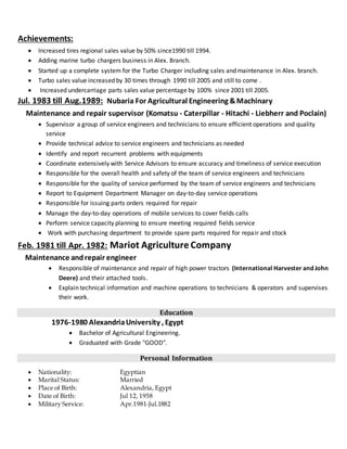Achievements:
 Increased tires regional sales value by 50% since1990 till 1994.
 Adding marine turbo chargers business in Alex. Branch.
 Started up a complete system for the Turbo Charger including sales and maintenance in Alex. branch.
 Turbo sales value increased by 30 times through 1990 till 2005 and still to come .
 Increased undercarriage parts sales value percentage by 100% since 2001 till 2005.
Jul. 1983 till Aug.1989: Nubaria For Agricultural Engineering &Machinary
Maintenance and repair supervisor (Komatsu - Caterpillar - Hitachi - Liebherr and Poclain)
 Supervisor a group of service engineers and technicians to ensure efficient operations and quality
service
 Provide technical advice to service engineers and technicians as needed
 Identify and report recurrent problems with equipments
 Coordinate extensively with Service Advisors to ensure accuracy and timeliness of service execution
 Responsible for the overall health and safety of the team of service engineers and technicians
 Responsible for the quality of service performed by the team of service engineers and technicians
 Report to Equipment Department Manager on day-to-day service operations
 Responsible for issuing parts orders required for repair
 Manage the day-to-day operations of mobile services to cover fields calls
 Perform service capacity planning to ensure meeting required fields service
 Work with purchasing department to provide spare parts required for repair and stock
Feb. 1981 till Apr. 1982: Mariot Agriculture Company
Maintenance andrepair engineer
 Responsible of maintenance and repair of high power tractors (International Harvester and John
Deere) and their attached tools.
 Explain technical information and machine operations to technicians & operators and supervises
their work.
Education
1976-1980 AlexandriaUniversity , Egypt
 Bachelor of Agricultural Engineering.
 Graduated with Grade "GOOD".
Personal Information
 Nationality: Egyptian
 Marital Status: Married
 Place of Birth: Alexandria, Egypt
 Date of Birth: Jul 12, 1958
 Military Service: Apr.1981-Jul.1882
 