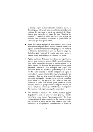 25
a criança jogar individualmente. Noutros casos, o
docente pode introduzir uma modificação, criando uma
variante do jogo, que o torna um desafio individual.
Assim, por exemplo, no caso do jogo “Batalha de
palavras”, podemos pedir ao aluno que agrupe as
palavras em conjuntos, conforme a quantidade de
“pedaços” (sílabas) que elas têm.
 Antes de começar a jogada, é fundamental que todos os
participantes se ponham de acordo sobre os nomes das
figuras. Como uma mesma ilustração pode nos remeter
a diferentes denominações (fogo ou fogueira, chapa ou
dentadura, por exemplo), é preciso que todos usem o
mesmo nome, ao analisarem as palavras em pauta.
 Após a realização do jogo, é importante que o professor,
sempre que possível, faça atividades complementares
(não muito alongadas), em que os alunos possam ver a
forma escrita de algumas das palavras sobre as quais
estiveram refletindo. Por exemplo, nos jogos que
envolvem rimas ou aliteração (semelhança das sílabas
ou dos sons iniciais), é muito enriquecedor, após a
resolução do jogo, selecionar trios ou duplas de palavras
parecidas e listá-las, uma abaixo da outra, com letra de
imprensa maiúscula. Nesses casos, pode-ser ressaltar
(com outra cor) os pedaços das palavras que são
idênticos e pedir aos alunos para produzir outras
palavras parecidas, que poderiam fazer parte da lista, de
modo a ampliar a análise que estão fazendo entre partes
das palavras orais e partes das palavras escritas.
 Para facilitar a reflexão dos alunos, quando jogam
disputando a dois ou em pequenos grupos, é muito
importante que, nesses “prolongamentos” do jogo,
possam dispor de alfabetos móveis. Tal recurso permite
que montem a forma escrita das palavras que estão
analisando e comparando, selecionando as letras já
 