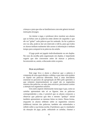 31
crianças e para que elas se familiarizem com este gênero textual:
instruções de jogos.
Ao iniciar o jogo, o professor deve mostrar aos alunos
que as fichas com as palavras estão dentro do saquinho e que
ele vai “gritar” cada palavra que for sorteada. Ao ler a palavra
em voz alta, pode-se dar um intervalo e relê-la, para que todos
os alunos tenham realmente tido acesso à informação e tenham
tempo para compará-la às palavras da cartela.
O jogo pode ser jogado individualmente ou em duplas.
No caso da escolha pela organização em duplas, é importante
sugerir que eles conversem antes de marcar a palavra,
favorecendo-se, assim, a discussão entre os pares.
Dicas ao professor:
Este jogo leva o aluno a observar que a palavra é
composta de sons equivalentes a sílabas e que estes sons podem
se repetir em palavras diferentes. Essa é uma descoberta
essencial no percurso de apropriação do SEA pelo aprendiz: o
que notamos (representamos) no papel são os segmentos
sonoros das palavras, ou seja, para escrever, precisamos centrar
a atenção nos segmentos sonoros.
Um outro aspecto interessante nesse jogo é que, como as
cartelas apresentam não só as figuras, mas as palavras
correspondentes a elas, é possível que os alunos comecem a
observar que palavras que têm o mesmo “pedaço” inicial
também apresentam as mesmas letras no início. Dessa forma,
enquanto os alunos refletem sobre os segmentos sonoros
(silábicos) iniciais das palavras, também são estimulados a
refletir sobre a sua forma escrita. O professor, que é o mediador
da situação de jogo, pode, utilizando as cartelas, chamar a
 