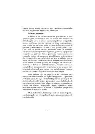 72
preciso que os alunos comparem suas escritas com as cartelas
de correção, para que o jogo possa prosseguir.
Dicas ao professor:
Consolidar as correspondências grafofônicas é uma
aprendizagem fundamental para os alunos em processo de
alfabetização. Levar os alunos a escrever palabras, compará-las
com as cartelas de correção e com a escrita de outros colegas é
uma prática que os leva a tentar registrar todos os fonemas, já
que esse procedimento é necessário para que se ganhe o jogo.
Com isso, os alunos estarão refletindo sobre as unidades
sonoras e suas correspondências gráficas, para que seja possível
o registro de palavras. Para o professor, recomendamos que
proponha outras atividades que possibilitem a sistematização
das correspondências grafofônicas, ou seja, atividades que os
levem os alunos a perceber todas as relações entre fonemas e
letras. Assim, os alunos podem, por exemplo, ser solicitados a
escrever, e duplas ou individualmente, palavras sorteadas,
corrigindo-as posteriormente, registrando-as no quadro para
apreciação do grande grupo e/ou com a ajuda dessas palavras
escritas em cartões e dispostas em quadros de pregas.
Esse mesmo tipo de jogo pode ser utilizado para
consolidar conhecimentos de regras ortográficas. O professor
pode confeccionar o jogo selecionando palavras que exijam dos
alunos reflexão sobre regras que estejam sendo trabalhadas. É
importante, no entanto, que saberes relativos à ortografia que
exijam dos alunos compreender regras específicas, sejam
enfocados apenas quando os alunos já tiverem se apropriando
do sistema alfabético de escrita.
O alfabeto móvel, também poderá ser utilizado para a
escrita das palavras, principalmente pelas crianças nos níveis de
escrita iniciais.
 
