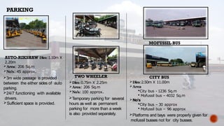 MOFUSSIL BUS
AUTO-RIKSHAW Dim:1.10m X
2.20m
Area: 206 Sq.m
No's: 45 approx.
3m wide passage is provided
between the either sides of auto
parking.
24/7 functioning with available
drivers.
Sufficient space is provided.
TWO WHEELER
Dim:0.75m X 2.25m
Area: 206 Sq.m
No's: 100 approx.
Temporary parking for several
hours as well as permanent
parking for more than a week
is also provided separately.
CITY BUS
Dim:2.50m X 11.00m
Area
City bus - 1236 Sq.m
 Mofussil bus – 4032 Sq.m
No‘s
City bus – 30 approx
 Mofussil bus – 96 approx
Platforms and bays were properly given for
mofussil busses not for city busses.
PARKING
 