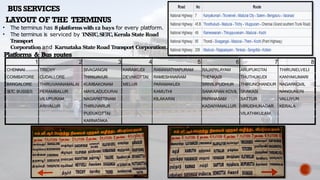 LAYOUT OF THE TERMINUS
1 2 3 4 5 6 7 8
CHENNAI TRICHY SIVAGANGAI KARAIKUDI RAMANATHAPURAM RAJAPALAYAM ARUPUKOTAI THIRUNELVELI
COIMBATORE CUDALLORE THANJAVUR DEVAKOTTAI RAMESHWARAM THENKASI THUTHUKUDI KANYAKUMARI
BANGALORE THIRUVANNAMALAI KUMBAKONAM MELUR PARAMAKUDI SRIVILIPUDHUR THIRUNCHANDUR NAGARKOVIL
SE
TC BUSSES PERAMBALUR MAYILADUDURAI KAMUTHI SANKARAN KOVIL SIVAKASI NANGUNERI
VILUPURAM NAGAPATTINAM KILAKARAI PAPANASAM SATTUR VALLIYUR
ARIYALUR THIRUVARUR KADAIYANALLUR VIRUDHUNAGAR KERALA
PUDUKOTTAI VILATHIKULAM
KARNATAKA
• The terminus has 8platforms with 12 bays for every platform.
• The terminus is serviced by TNSTC,SETC,Kerala State Road
Transport
Corporation and Karnataka State Road Transport Corporation.
Platforms & Bus routes
BUSSERVICES
 