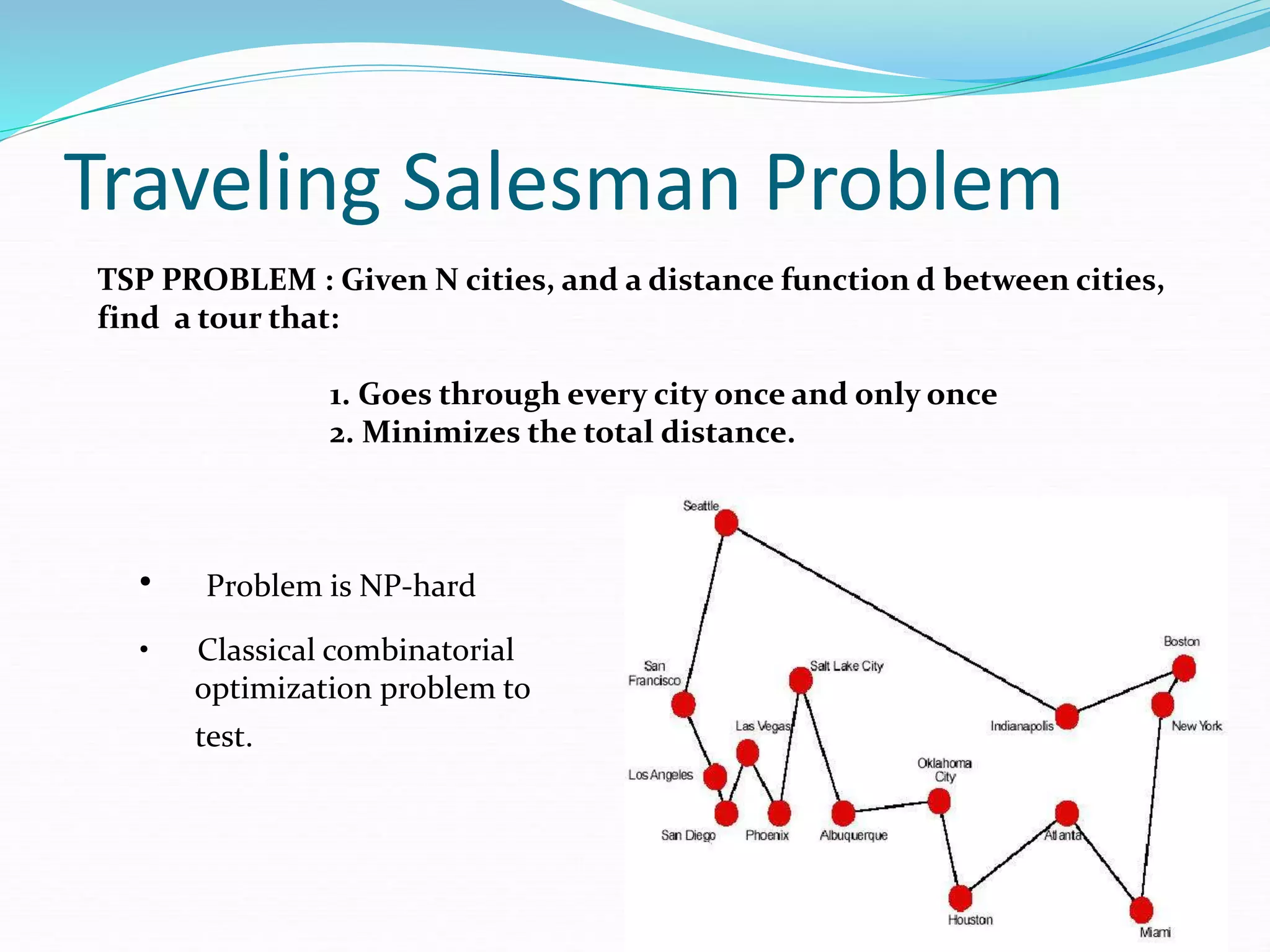 Traveling Salesman Problem
TSP PROBLEM : Given N cities, and a distance function d between cities,
find a tour that:
1. Goes through every city once and only once
2. Minimizes the total distance.
• Problem is NP-hard
• Classical combinatorial
optimization problem to
test.
 