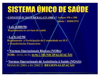 ‡ CONSTITUIÇÃO FEDERAL (CF-1988 ) Artigos 196 a 200
                                  Saúde = DIREITO

‡ Leis 8.080/90:
 Regulamenta os serviços de saúde

‡ Lei 8.142/90:
Regulamenta a Participação da Comunidade no SUS
 e Transferências Financeiras

‡ Normas Operacionais Básicas (NOBs):
NOBs : 01/91, 01/93, 01/96 MUNICIPALIZAÇÃO

‡ Normas Operacionais de Assistência à Saúde (NOAS):
 NOAS 01/2001 e 01/2002 REGIONALIZAÇÃO
 