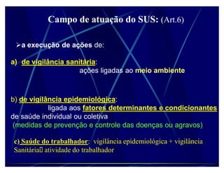 Campo de atuação do SUS: (Art.6)

 a execução de ações de:

a) de vigilância sanitária
                 sanitária:
                     ações ligadas ao meio ambiente



b) de vigilância epidemiológica:
            ligada aos fatores determinantes e condicionantes
de saúde individual ou coletiva
(medidas de prevenção e controle das doenças ou agravos)

c) Saúde do trabalhador: vigilância epidemiológica + vigilância
Sanitária atividade do trabalhador
 
