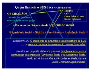 Quem financia o SUS ? (CF Art.198 § único)
                                                        ‡COFINS
OS CIDADÃOS                                             ‡CPMF
                                                        ‡Contr. Sobre o Lucro
 através dos impostos e
                                                        Líq. das Empresas
contribuições sociais pagos
     ‡ Recursos do Orçamento da seguridade social

 *Seguridade Social = Saúde + Previdência + Assistência Social*

     Lei 8080/90 Art. 31.³O orçamento da seguridade social destinará ao SUS
               ..... os recursos necessários à realização de suas finalidades,

        previstos em proposta elaborada pela sua direção nacional, com a
    participação dos órgãos da Previdência Social e da Assistência Social,
                   tendo em vista as metas e prioridades estabelecidas na
                                         Lei de Diretrizes Orçamentárias´
 