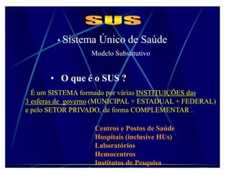‡ Sistema   Único de Saúde
                  Modelo Substitutivo


       ‡ O que é o SUS ?
  É um SISTEMA formado por várias INSTITUIÇÕES das
3 esferas de governo (MUNICIPAL + ESTADUAL + FEDERAL
                      MUNICIPAL              FEDERAL)
e pelo SETOR PRIVADO, de forma COMPLEMENTAR .
               PRIVADO

                   Centros e Postos de Saúde
                   Hospitais (inclusive HUs)
                   Laboratórios
                   Hemocentros
                   Institutos de Pesquisa
 
