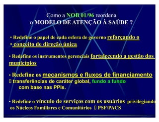 Como a NOB 01/96 reordena
         o MODELO DE ATENÇÃO À SAÚDE ?

‡ Redefine o papel de cada esfera de governo reforçando o
‡ conceito de direção única

‡ Redefine os instrumentos gerenciais fortalecendo a gestão dos
municípios

‡ Redefine os mecanismos e fluxos de financiamento
  transferências de caráter global, fundo a fundo
     com base nas PPIs.

‡ Redefine o vínculo de serviços com os usuários privilegiando
 os Núcleos Familiares e Comunitários PSF/PACS
 