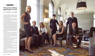 PROFILES BY R.P. STASTNY // PHOTOS BY COLIN WAY
Rising Stars finding
opportunity in crisis
In the Chinese language, the word crisis is com-
posed of two characters, one representing danger
and the other opportunity, goes the old motiva-
tional speakers’ cliche.
While the translation isn’t exact, it makes a
point that those who believe in themselves can
survive hard times and come out ahead of the
game with a little hard work.
There is no question this year’s class of Rising
Stars is making the best of the opportunities present
in the current oil and gas downturn, which is now
going into its second year with no signs of abating.
This year we have a southern Alberta country
girl and former basketball player who is helping
her company’s clients work through the environ-
mental and regulatory red tape more efficiently.
We have the Canadian Association of Petroleum
Producers’ manager of media relations who cut
her teeth working with Aboriginal groups in the
remote North.
We have a chief financial officer looking to join
the ranks of what they in the investment com-
munity call “an experienced management team.”
We have a small-town Ontarian who came
west to be a paramedic but instead found her
calling as a land broker.
We have another easterner who made it in the
western oilpatch and is now working to bring oil
and gas development back to Quebec.
We have a former railroader who is now mak-
ing it in the pipeline business.
And we have a corporate headhunter who works
to find executives with experience who also fit a
client’s corporate culture.
All seven of this year’s Rising Stars are heav-
ily invested in making the communities in which
they live and work better places.
Thanks to the Fairmont Palliser hotel in Calgary
for graciously providing the backdrop for this year’s
class photos.
Turn the page to learn more about the 2016
Rising Stars, and look to jwnenergy.com for a
special digital project coming soon to celebrate
the eighth annual class of Rising Stars.
Oilweek’s 2016 Rising Stars gather at the
beautiful Fairmont Palliser hotel (left to
right): Kim Lindsay, John Pantazopoulos,
Angela Thompson, Chelsie Klassen,
Laura Weeden, Matthew Goegan and
Morgan Campbell.
CLASS OF 2016
36 MAY 2016 | JWNENERGY.COM MAY 2016 | JWNENERGY.COM 37
 