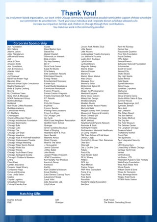JLC ANNUAL REPORT 2014-2015
Thank You!As a volunteer-based organization, our work in the Chicago community would not be possible without the support of those who share
our commitment to volunteerism. Thank you to our individual and corporate donors who have allowed us to
increase our impact on families and children in Chicago through their contributions.
You make our work in the community possible!
Aon Foundation
90+ Cellars
Adams, Jason
Adler Planetarium
AIR Aerial Fitness
Aldi
Alice & Olivia
Amazon-Smile
Aon Foundation
Ash & Ames LLC 
Atlantis Hotel
Aveda
Ay Chiwowa!
Bare Feet Power Yoga
Barefoot Wine
Barlow Lehman Style Consultation
Beatrix Restaurant
Bella & Sophia Clothing
Binny's
BL Christmas Trees
Body Work & Message
BOKA Restaurant Group
Bottle & Bottega
Bottlefork
Bow Truss Coffee Roasters
Bubbles Academy
Cannonball Winery
CH Distillery
Champagne
Chestnut Mountain Resort
Chicago Architecture Foundation
Chicago Blackhawks
Chicago Bulls
Chicago Cubs
Chicago Fire
Chicago Golf Style
Chicago Marathon
Chicago Rock N' Roll Half Marathon
Chicago Shakespeare Theatre
Chicago Vintage Wedding
Chicago Water Sports Rental
Chicago White Sox
Chicago Wolves
Chicago Youth Bears Camp
Chicago Zoological Society
Chicago's Children's Museum
Chili's
Class Pass
Conklin Insurance
Coopers Hawk Winery
Corepower Yoga
Corks and Brushes
Cosa Linda Salon
Costco
Coyote Logistics
CrossTown Fitness
Cultural Care Au Pair
Cuvee
David Barton Gym
DavidsTea
Digital Cheetah
Diamonds on Wabash
Dog-a-holics
Dry Hop Brewery
Dry V
Duck Duck Goose
Easel Art Studio
Eli's Bakery
Elite Caribbean Resorts
Elliot Island Resorts
Energi Fitness
Entertainment Company
Exhale Spa
Facial Studio Magdelena
Farmhouse Restaurant
Fashion Projects
Ferrari-Carano Vineyards
Fidelity Charitable Gift Fund
FIT Results
Fleur
Flirty Girl Fitness
Flywheel
Franco, Sandra
Frieling Fresh Solutions
Froyo Fun Zone
Go Chicago Card
Go Cycle
Gold Coast Neighbors Association
Goldfish Swim School
Grainger
Green Goddess Boutique
Heart of Singing
Heartland Bank & Trust
Henri Bendel
Heshima Kenya
Hotel Chicago
Howl At The Moon
J. McLaughlin
Jane's Gourmet
Joffrey Ballet
John Bostic
Joseph Phelps Vineyards
JPMC Foundation
Ken Murphy Hair Products
Kendrich Group
Kentwool
Kiehl's
Kohl Children's Museum
Koval Distillery
Lake Geneva Canopy Tours
Lakeshore Fitness
Laudi Vidni
Lillie Alexander, Ltd.
Lilly Pulitzer
Lincoln Park Athletic Club
Little Beans
Little Kickers
Lookingglass Theatre Company
Lou Malnati's Pizzeria
Lustre Skin Boutique
Lyfe Kitchen
Lynfred Winery
Magnolia Bakery
Manna Bread
Marcus Cooper
Mariano's
Marion Street Market
Mary Drozd
Massage Envy
Maxine's Salon
McCormick Spice Kit
ME Interior
Megan the Photographer
Meridian Eyecare
Merry Music Makers
Milano Hair Design
MiniBar Delivery
Mirelle's Studio
Mollie Barnes Reach Pilates
Mon Ami Gabi
Morgan Stanley Firm Donation
Museum of Science & Industry
Music Comedy Lie
My Gym Chicago
NEAT Method
Neighborhood Parents Network
Norcross & Scott
Northlight Theatre
Northwestern Memorial Healthcare
Oil Lamp Theatre
Old Town School of Folk Music
Ollman, Leigh
One & Only Ocean Club, Bahamas
Otter Box
Otterwall
Out U Go Pet Care
Palate
Party City
Paul Render Salon
PEJU Winery
PetBox
PIOL Inc.
Plum Market
Pretzel Crisps
PRP Wine Consultant
Pump It Up
Pups Rule
Pure Barre
Razorfish
Reader's Digest Association
Red Box
Rent the Runway
Revive Spa
Ristaurante Quartino
River City Foundation
Royal Distillery
RPM Italian
Samuel French
Schneider National Foundation
Schumacher
Scoot for Good
Second City
Shake Shack
Sky High Sports
Space Period
Kate Spade
Sparkle Necklace
Spice House
Sprinkles Cupcakes
Starbucks
Stelia Barra
Steve & Kate's Camp
Studio Within Salon & Spa
Summer House
Sweet Beginnings, LLC
Sylvester, Brittani
Taco Joint
Tea Collection
The Abbey Resort
The Bar Method
The Dailey Method
The Dry Bar
The Field Museum
The Geldner Center
The Langham Chicago
Treasure Island
Truffleberry Market
Trunk Club
Two Sparrows
Tyco Integrated Security
Uber
UFC Boxing Gym
United Way of Metro Chicago
Vantage Yacht Club
Ventas
Verit Advisors
Vin Divino, LTD
Wateriders Kayak & Tour Rentals
Wells Fargo Foundation
West Rock Wake Park
Whole Foods
William Grant & Sons
Wines for Humanity
Wirtz Beverage llinois
Wrigley Field Tours
WTMX Radio Station
Corporate Sponsorship
Matching Gifts
Charles Schwab
CME
GM
Grainger
Kraft Foods
The Boston Consulting Group
 