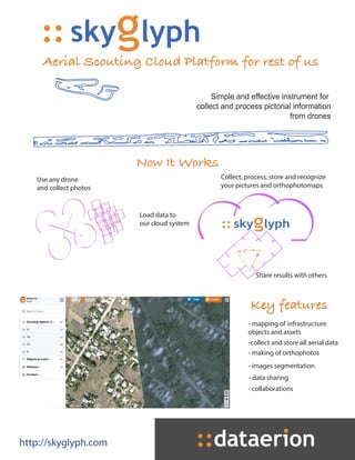Aerial Scouting Cloud Platform for rest of us
Simple and effective instrument for
collect and process pictorial information
from drones
Now It Works
Use any drone
and collect photos
Load data to
our cloud system
Collect, process, store and recognize
your pictures and orthophotomaps
Share results with others
Key features
- mapping of infrastructure
objects and assets
-collect and store all aerial data
- making of orthophotos
- images segmentation
- data sharing
- collaborations
http://skyglyph.com product of
 