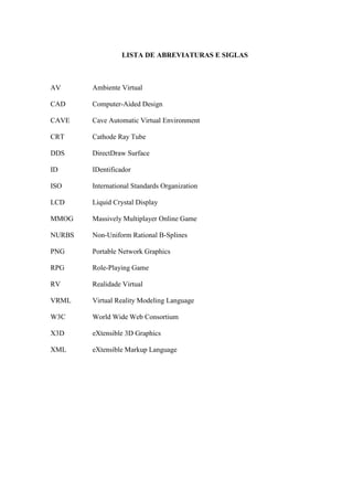 11
LISTA DE ABREVIATURAS E SIGLAS
AV Ambiente Virtual
CAD Computer-Aided Design
CAVE Cave Automatic Virtual Environment
CRT Cathode Ray Tube
DDS DirectDraw Surface
ID IDentificador
ISO International Standards Organization
LCD Liquid Crystal Display
MMOG Massively Multiplayer Online Game
NURBS Non-Uniform Rational B-Splines
PNG Portable Network Graphics
RPG Role-Playing Game
RV Realidade Virtual
VRML Virtual Reality Modeling Language
W3C World Wide Web Consortium
X3D eXtensible 3D Graphics
XML eXtensible Markup Language
 