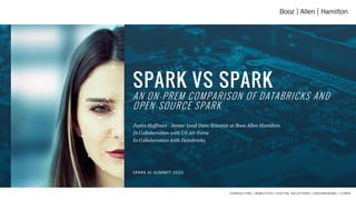 In partnership withIn partnership with
SPARK VS SPARK
AN ON-PREM COMPARISON OF DATABRICKS AND
OPEN-SOURCE SPARK
Justin Hoffman - Senior Lead Data Scientist at Booz Allen Hamilton
In Collaboration with US Air Force
In Collaboration with Databricks
SPARK AI SUMMIT 2020
 