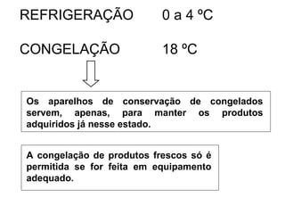 REFRIGERAÇÃO 0 a 4 ºC
CONGELAÇÃO 18 ºC
Os aparelhos de conservação de congelados
servem, apenas, para manter os produtos
adquiridos já nesse estado.
A congelação de produtos frescos só é
permitida se for feita em equipamento
adequado.
 