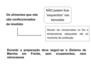 Durante a preparação deve seguir-se o Sistema de
Marcha em Frente, sem cruzamentos, nem
retrocessos
Devem ser conservados no frio a
temperaturas adequadas até ao
momento da confecção
Os alimentos que não
são confeccionados
de imediato
NÃO podem ficar
“esquecidos” nas
bancadas
 