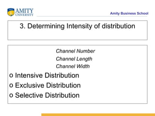 3. Determining Intensity of distribution Channel Number Channel Length Channel Width Intensive Distribution Exclusive Distribution Selective Distribution 