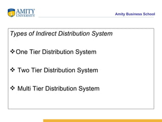 Types of Indirect Distribution System One Tier Distribution System Two Tier Distribution System Multi Tier Distribution System 