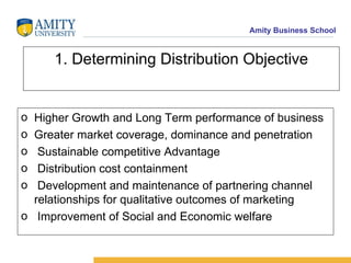 1. Determining Distribution Objective Higher Growth and Long Term performance of business Greater market coverage, dominance and penetration Sustainable competitive Advantage Distribution cost containment Development and maintenance of partnering channel relationships for qualitative outcomes of marketing Improvement of Social and Economic welfare 