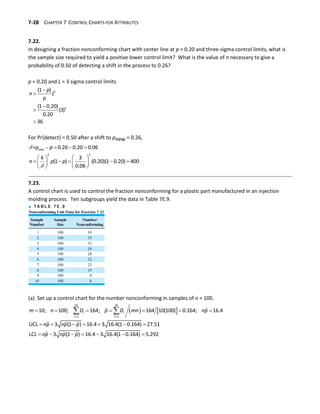 7-28 CHAPTER 7 CONTROL CHARTS FOR ATTRIBUTES
7.22.
In designing a fraction nonconforming chart with center line at p = 0.20 and three-sigma control limits, what is
the sample size required to yield a positive lower control limit? What is the value of n necessary to give a
probability of 0.50 of detecting a shift in the process to 0.26?
p = 0.20 and L = 3 sigma control limits





2
2
(1 )
(1 0.20)
(3)
0.20
36
p
n L
p
For Pr{detect} = 0.50 after a shift to pnew = 0.26,


   
   
    
   
   
new
2 2
= 0.26 0.20 0.06
3
(1 ) (0.20)(1 0.20) 400
0.06
p p
k
n p p
7.23.
A control chart is used to control the fraction nonconforming for a plastic part manufactured in an injection
molding process. Ten subgroups yield the data in Table 7E.9.
(a) Set up a control chart for the number nonconforming in samples of n = 100.
   
 
      
      
      
 
10 10
1 1
10; 100; 164; 164 10(100) 0.164; 16.4
UCL 3 (1 ) 16.4 3 16.4(1 0.164) 27.51
LCL 3 (1 ) 16.4 3 16.4(1 0.164) 5.292
i i
i i
m n D p D mn np
np np p
np np p
 