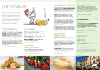 Se mettre sur son trente-et-un pour aller dîner
dans un restaurant étoilé Michelin. Goûter
au plaisir d’un petit-déjeuner copieux dans
un restaurant de montagne. Acheter de la
charcuterie artisanale dans un village d’Osona.
Visiter les halles aux poissons du littoral.
Déguster les produits du terroir ainsi que les
spécialités locales… La province de Barcelone
vous offre tout un monde culinaire !
Champignonsd’ElBerguedà
etpouletd’ElPrat
Les saveurs
Produits du terroir
En voyageant à travers la province de Barcelone, vous
découvrirez les différents produits locaux. La mongeta
del ganxet, ces haricots blancs typiques qui bénéficient
d’une appellation d’origine protégée (AOP), ou la
llonganissa de Vic, une saucisse sèche qui bénéficie
d’une indication géographique protégée (IGP). Parmi les
autres produits phares citons les crevettes de Vilanova,
les pêches de l’Ordal, les fraises d’El Maresme, les
cerises d’en Roca et celles de Sant Climent de Llobregat,
les artichauts d’El Prat, les champignons d’El Berguedà,
les châtaignes d’El Montseny, le poulet d’El Prat, le
chapon d’El Penedès, le mató de Montserrat, un fromage
frais traditionnel, etc.
 http://productesdelaterra.diba.cat
Les marchés
Marché de Vic : il a lieu les mardis et samedis sous les
halles de la Plaça Major (place principale).
Marché de Montserrat : il est célèbre pour son mató et
ses fromages élaborés dans la région d’El Bages.
Marché de Granollers : tous les jeudis, on peut y acheter
des produits de la ferme issus de la région.
Marché de Vilafranca : il a lieu les samedis dans le
centre-ville de Vilafranca del Penedès.
 www.diba.cat/delmercatalataula
Les étoiles
de la gastronomie
La province de Barcelone est devenue une référence
gastronomique dans le monde entier, plusieurs de ses
restaurants étant des étoilés Michelin.
 www.viamichelin.es/web/Restaurantes
Llonganissa de Vic
En vous promenant à Vic ou dans toute la région
d’Osona, vous pouvez acheter la llonganissa de Vic
(saucisse sèche), et bien d’autres variétés de charcuterie
typiques, telles que la somalla, le fuet, le chorizo, la
catalane ou le boudin. Si vous passez par la région d’El
Berguedà, testez la charcuterie locale.
Mongetes del ganxet
Dans de nombreux villages d’El Vallès, vous observerez
des cultures de haricots de cette variété. On peut en
acheter dans l’agro-boutique de l’Espace rural de Gallecs.
www.espairuralgallecs.cat
Marchés
Prenez le temps d’explorer le site www.gastroteca.cat.
Vous y trouverez tous types d’informations sur les
marchés, les établissements spécialisés, les produits,
les recettes, les itinéraires gastronomiques, l’agenda des
foires et des fêtes, etc.
Restaurants étoilés Michelin
***
À Sant Pol de Mar : Sant Pau
*
À Calldetenes : Can Jubany
À Cercs : Estany Clar
À Olost : Fonda Sala
À Terrassa : Capritx
À Sagàs : Els Casals
À Sant Andreu de Llavaneres : L’Esguard
À Sant Fruitós de Bages : L’Ó (Monastère de Sant Benet)
Journées gastronomiques d’El Maresme
www.costadelmaresme.es
Vous recherchez une véritable alternative aux hôtels
et restaurants habituels ? Déjeunez et dormez dans
les gites de la province de Barcelone ! Visitez le site
www.casafonda.com
18 19
Fromage frais de Montserrat
Poulet fermier
aux langoustines
Marché de VicFraises d’El Maresme
À s’en lécher les doigts !
Découvrez la cuisine barcelonaise et ses recettes phares !
Vous pouvez consulter le Corpus del patrimoni culinari
català (Inventaire du patrimoine culinaire catalan) pour
connaître toutes les recettes traditionnelles catalanes.
Mais pour vous mettre l’eau à la bouche… voici un petit
échantillon de la carte des plats traditionnels :
Entrée : empedrat (salade de morue et de haricots
blancs), escalivade, esqueixada (salade de morue
émiettée), riz en sauce, fideuada, paella, crevettes de
Vilanova, etc.
Plat : escudella i carn d’olla (soupe de vermicelles et
riz, accompagnée de viande et de légumes), botifarra
amb mongetes (boudin et haricots blancs), poulet aux
langoustines, boulettes accompagnées de seiche et
de petits pois, all cremat (plat typique cuisinée par les
femmes de pêcheurs), etc.
Dessert : outre la crème catalane, les panellets (gâteaux
de Toussaint) et la galette des rois, n’oubliez pas de goûter
les délicieuses catànies de Vilafranca del Penedès, le pa
de pessic de Vic ou les carquinyolis de Caldes de Montbui.
 www.cuinacatalana.eu
Expériences
gourmandes
Route du xató : salade de scarole aux anchois, au thon
et à la morue, arrosée d’une sauce piquante. Les fêtes
du xató ont lieu dans différentes localités de janvier à
mars. Celles de Vilanova i la Geltrú et de Sitges sont les
plus populaires. Avec la Route du xató, vous pourrez à la
fois faire du tourisme et déguster ce met dans différents
restaurants de la région. Comparez vous-même le
meilleur du xató !
 www.rutadelxato.com
Fondation Alícia : ce projet prend forme au sein d’un
ensemble monumental articulé autour du monastère
médiéval Sant Benet, situé dans la commune de Sant
Fruitós de Bages, à proximité de Manresa.
 www.monstbenet.com
 