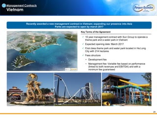 29
Management Contracts
Vietnam
 10 year management contract with Sun Group to operate a
theme park and a water park in Vietnam
 Expected opening date: March 2017
 First class theme park and water park located in Ha Long
City with 214 hectares
 Fees structure
− Development fee
− Management fee: Variable fee based on performance
(linked to both revenues and EBITDA) and with a
minimum fee guaranteed
Recently awarded a new management contract in Vietnam; expanding our presence into Asia
Parks are expected to open by march 2017
Key Terms of the Agreement
3
 