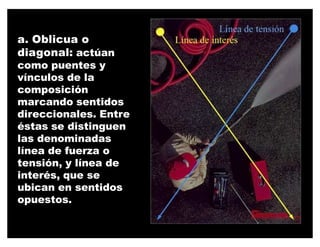 a. Oblicua o
diagonal: actúan
como puentes y
vínculos de la
composición
marcando sentidos
direccionales. Entre
éstas se distinguen
las denominadas
línea de fuerza o
tensión, y línea de
interés, que se
ubican en sentidos
opuestos.
 