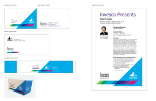 Bag Tag Front (100%) Bag Tag Back (100%) Speaker poster (25%)
invesco.com/us LPLFOCUS14-PST-2 07/14 Invesco Distributors, Inc.
Breakout Session
LPL topic code SP-4
Brett Van Bortel
Tuesday, August 12
1:15 p.m. – 2:05 p.m.
Room: Neighborhood Theater #5
Overview
It’s likely every financial advisor in the country would
like to work with fewer but wealthier clients. The
question is “how?” The only accurate and reliable
way to answer that question is to study the behavior
of those who have done it. And that’s exactly what
Invesco Consulting, in partnership with Prince and
Associates, has done. Research shows that there are
1,200 financial advisors in the U.S. that have made
over $1 million (net) per year for three consecutive
years.1
The vast majority of these financial advisors
reached this exclusive club by building strategic
relationships for a steady stream of affluent referrals.
RainMaker peels back the curtain on the process
used by the Elite 1,200 to forge these partnerships
and build their businesses.
Skills Developed from the Presentation
• Learn how the Elite 1,200 have forged
partnerships with accountants and attorneys.
• Learn the five strategic shifts to help build
partnerships and potentially attain
high net-worth referrals.
• Discover how to build the Economic Glue
that may bind these partnerships.
• Receive the “Implementation
Roadmap” to help you get started
immediately.
1 Prince & Associates 2003 — USED WITH PERMISSION
Brett Van Bortel
Executive Director
Invesco Consulting
Invesco Presents
Rainmaker
Building Strategic Relationships for a
Pipeline of New Affluent Clients
Mailing Label (100%)
Speaker Wrapper (50%)
PO Box 4333
Houston, Texas 77210
An
Alternative
Future Invesco is a proud
LPL Financial
FundsPLUS sponsor.
Consider the
alternatives.
Invesco has.
Speak with us to
learn more at
800 337 4246.
 