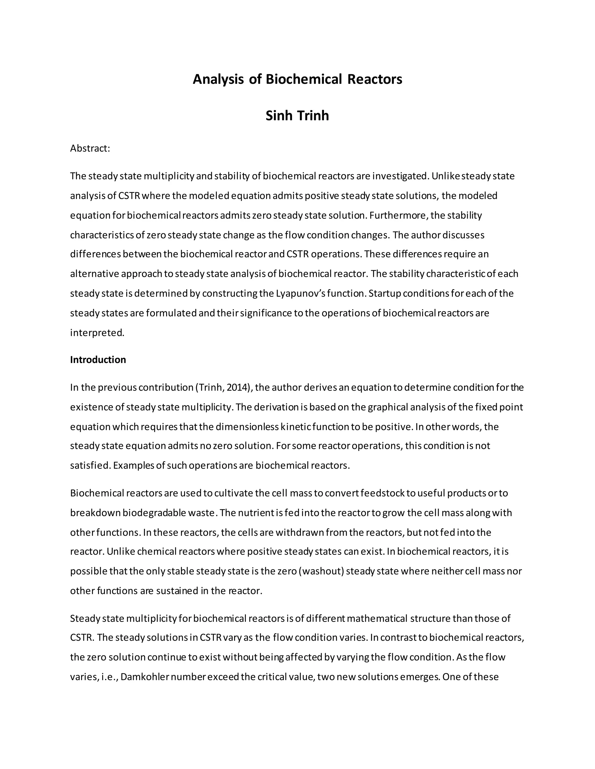 Analysis of Biochemical Reactor | DOCX