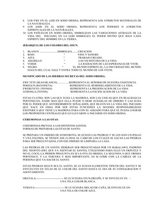 8. LOS EWE EN EL LERI EN SODO ORISHA, REPRESENTA LOS ATRIBUTOS MATERIALES DE
LA NATURALEZA.
9. LOS ASHE EN EL SODO ORISHA, REPRESENTA LOS PODERES O ATRIBUTOS
ESPIRITUALES DE LA NATURALEZA.
10. LOS PAÑUELOS EN SODO ORISHA, SIMBOLIZAN LAS VARIACIONES ASTRALES DE LA
VIDA DEL INICIADO, EN LA LERI SIMBOLIZA EL PODER DIVINO QUE BAJA CADA
ESPIRITU DEL HOMBRE EN LA TIERRA.
JERARQUIA DE LOS COLORES DEL OSUN:
1. BLANCO. ..........................SIMBOLIZA.........CREACION.
2. ROJO “ VIDA Y SANGRE.
3. AZUL “ TRABAJO CREADO.
4. AMARILLO “ LAS VICISITUDES DE LA VIDA.
5. VERDE “ LA RADIACION DE LAS ESPERANZAS DE VIVIR.
6. NEGRO “ EL MUNDO ESPIRITUAL, LA OSCURIDAD DEL MUNDO
EGGUN DEL CUAL SALE Y ENTRA TODO EL MUNDO DE LOS VIVOS.
SIGNIFICADO DE LAS HIERBAS SECRETAS DEL SODO ORISHA:
EWE TETE (BLEO BLANCO)..................REPRESENTA EL SEÑORIO DE NUESTRA EXISTENCIA.
PEREGUN (BAYONETA) REPRESENTA EL REMODELAMIENTO DE LA VIDA.
EWEREYEYE ( PEONIA) REPRESENTA LA PRESERVACION DE LA VIDA.
ATIPONLA (TOTON) REPRESENTA LA PACIFICACION DE LA VIDA
ESTAS CUATRO, SON LAS QUE ECHA LA MADRINA, SON LAS UNICAS QUE EN REALIDAD LE
PERTENECEN, NADIE MAS QUE ELLA PUEDE O DEBE ECHARLAS DE OMIERO Y LAS ECHA
POR EL PODER QUE ANTERIORMRNTE SEÑALADOS, QUE REAVIVAN LA VIDA DEL INICIADO
QUE NACE EN OSHA POR SER ESTAS FUNCIONES LA MAXIMA RESPONSABILIDAD
EXOTERICA QUE TIENE LA MADRINA PARA CON SU AHIJADO PARA QUE EL PUEDA LOGRAR
LOS PROPOSITOS CENTRALES QUE LO LLEVARON A INICIARSE EN SODO ORISHA.
CEREMONIAS A LAS OTAS:
CEREMONIAS PREVIAS A LOS DISTINTOS SANTOS:
FORMAS DE PREPARAR LAS OTAS DE SANTO:
SE PREPARA UN OMIERO DE (FOSFORITO), SE ECHAN LAS PIEDRAS Y SE LES DAN UN POLLO
Y UNA PALOMA, SE TIENEN AHI (3) DIAS AL CABO DE LOS CUALES SE SACAN LAS PIEDRAS
PARA SER PREGUNTADAS, CON ESE OMIERO SE LIMPIARA LA CASA.
LAS PIEDRAS DE UN SANTO, DEBERAN SER PREGUNTADAS POR UN BABALAWO, PADRINO
DEL NEOFITO (DEL QUE VA ASENTAR EL SANTO), UTILIZANDO PARA ELLO UN OKPUELE Y
NO EL COCO, LA PRIMER PREGUNTA ES SI LA OTA ES ORISHA, LA SEGUNDA A QUE ORISHA
PERTENECE, Y LA TERCERA Y MAS IMPORTANTE, ES SI COME CON LA CABEZA DE LA
PERSONA QUE VA HACER EL SANTO.
ESTAS PIEDRAS SEGUN SEA EL SANTO, SE LE ECHAN ELEMENTOS TIPICOS DEL SANTO Y SE
ENVUELVEN EN TELAS DE EL COLOR DEL SANTO HASTA EL DIA DE SU CONSAGRACION Y
ASENTAMIENTO.
OBATALA------------------------------- SE LE ECHARA EFUN,ORI,OÑI, Y SE ENVUELVE EN -
UNA TELA COLOR BLANCA.
YEMAYA--------------------------------- SE LE ECHARA MELAO DE CAÑA, SE ENVUELVE EN-
UNA TELA DE COLOR AZUL.
 