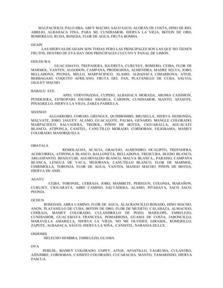 MALPACIFICO, PALO JIBA, ABEY MACHO, SACO SACO, ALORAN DE COSTA, HINO DE RIO,
ABREJO, ALBAHACA FINA, PARA MI, CUNDIAMOR, HIERVA LA VIEJA, BOTON DE ORO,
ROMERILLO, RUDA, ROSEDA, FLOR DE AGUA, FRUTA BOMBA.
OZAIN
LAS HIERVAS DE OZAIN SON TODAS PERO LAS PRINCIPALES SON LAS QUE NO TIENEN
FRUTOS, DENTRO DE EYA HAY DOS PRINCIPALES CUCUYO Y PANAL DE LIMON.
ODUDUWA.
GUACAMAYO, TREPADERA, IGUERETA, CURUYEY, ROMERO, CEIBA, FLOR DE
MARMOL, YANTEN, ALGODON, CAMPANA, PRODIGIOSA, ALMENDRA, MADRE SELVA, JOBO,
BELLADONA, PEONIA, MILLO, MARPACIFICO, ALAMO, ALBAHACA CIMARRONA, ATEJE,
BERBAGAJO, COQUITO AFRICANO, FRUTA DEL PAN, PLATANILLO DE CUBA, SALVIA,
JAGUEY MACHO.
BABALU AYE.
APIO, VERVONZOSA, CUPIDO, ALBAHACA MORADA, AROMA CAISIMON,
PENDEJERA, ESTROPAJO, ESCOBA AMARGA, CARDON, CUNDIAMOR, MANTO, APASOTE,
PINAGRILLO, HIERVA LA VIEJA, ZARZA PARRILLA.
SHANGO
ALGARROBO, COROJO, GRENGUE, QUIMBOMBO, BRUSELLA, HIERVA HEDIONDA,
MALVATE, JOBO, JAGUEY, ALAMO, GUACALOTE, PALMA, GENARIO, MANGLE COLORADO,
MARPACIFICO, SALVADERA, TREBOL, PIÑON DE BOTIJA, CIGUARALLA, AGUACATE
BLANCO, ATIPONLA, CANITEL, CANUTILLO MORADO, CORDOBAN, FILIGRAMA, MAMEY
COLORADO, MASORQUILLA.
OBATALA
REMOLACHA, ACACIA, GRACEJO, ALMENDRO, OCALIPTO, TREPADERA,
ACHICORRIA, ATIPONLA BLANCO, BALLONETA, BELLADONA, FRESCURA, BLEDO BLANCO,
ARGASPANTO, BENJUCUBI, AGUIRNALDO BLANCO, MALVA BLANCA., PARAISO, CAMPANA
BLANCA, LENGUA DE VACA, MEJORANA, CANUTILLO BLANCO, FLOR DE MARMOL,
CHIRIMOLLA, TORONJA, FLOR DE AGUA, YANTEN, MANGO MACHO, PIÑON DE BOTIJA,
HIERVA DE ANIS.
AGAYU
CEIBA, TORONJIL, CERRAJA, JOBO, MAMBETE, PEREGUN, COLONIA, MARAÑON,
CURUJEY, CIGUARAYA, ABRE CAMINO, SALVADERA, ALAMO, PITAHAYA, SACO SACO,
PEONIA.
OCHUN
ROSEDAD, ABRA CAMINO, FLOR DE AGUA, ALACRANCILLO ROSADO, HINO MACHO,
ANON, PLATANILLO DE CUBA, BOTON DE ORO, FLOR DE MUERTO, CALABAZA, ALMACIGO,
CERRAJA, MAMEY COLORADO, CULANDRILLO DE POZO, MARILOPE, EMBELEZO,
CUNDIAMOR, GUACAMAYA FRANCESA, POMARROSA, GUAMA DE COSTA, JABONCILLO,
MARAVILLA AMARILLA, HIERVA LA VIEJA, NO ME OLVIDES, GIRASOL, ROMERILLO,
ZAPOTE, ALBAHACA, SAUCO, HIERVA LA NIÑA., CANISTEL, NARANJA DULCE.
OSHOSHI
HELECHO HEMBRA, EMBELEZO, GUAMA.
OYA
PEREJIL, MAMEY COLORADO, COPEY, ATEJE, APASTILLO, YAGRUMA, CULANTRO,
AJINJIBRE, CORDOBAN, CAIMITO COLORADO, CUCARACHA, MANTO, TAMARINDO, HIERVA
PASCUA.
 