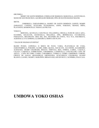 ORUNMILA
MEMEY DE SANTO DOMINGO, COHOLLO DE MARIGUO, MARAVILLA, ACEITUNILLO,
MANO DE SAN FRANCISCO, AGUIRNALDO MORADO, PIÑA DE RATON.MANGO MACHO.
IBEYIS.
CHIRIMOYA, ZARZAPARRILLA, MAMEY DE SANTO DOMINGO, ZAPOTE, ROMPE
ZARAGUEY, CANITEL, GUAYABA, GUANABANA, ANON, NARANJA, MANGO, PIIÑA,
PLATANITO, MAMONCILLO, TODAS LAS FRUTAS.
YEMAYA
BERVENA, AJI DULCE, CANUTILLO, VELLADONA, CIRUELA, FLOR DE AGUA AZUL,
GUASIMA, AGUACATE, LECHUGILLA, MALANGA, AÑIL, BERDOLAGA, CUCARACHA,
PARAGUITA, MELONCITO, DIEZ DEL DIA, INCENDIO DE COSTA, TUA TUA, HACHIBATA,
ALBAHACA, UVA GOMOSA, LLAMAGRUA, HIERVA DE PLATO.
“ PALOS DE SHANGO (FUERTES)”
BLEDO PUNZO, ATIPONLA O MOCO DE PAVO, VARIA, PLATANILLO DE CUBA,
ZARZAPARRILLA, PARAISO, ALAMO, JOBO, AKANA, AGUACATE, ALCANFOR, ALGARROBO,
ALMACIGO, ARABO COLORADO, BEJUCO, TORTUGA, BIJA, ENBINA, CAIREL, CAJUELA,
CALALU, CAMAGUA, COMBUSTERA, CIMARRONA, CANDELILLA, CANUTILLOM, CAÑA DE
AZUCA, , CAÑA DE CORO, CAOBA, CARAMBOLY, CEBOLLA, CEDRO, CORDOBAN, COROJO,
CRESTA DE GALLO, GRANADILLO, GRENGUERA, GUACAMAYA COLORADA, GUANO
BLANCO, LAUREL, MAMEY, MARAÑON, MIRAGUANO, OJO DE BUEY, CACHIMBA, PALO CAJA.
UMBOWA YOKO OSHAS
 