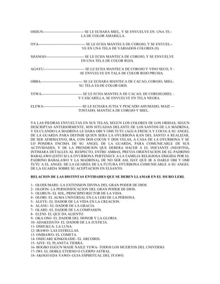 OSHUN---------------------------------- SE LE ECHARA MIEL, Y SE ENVUELVE EN UNA TE--
LA DE COLOR AMARILLA.
OYA--------------------------------------- SE LE ECHA MANTECA DE COROJO, Y SE ENVUEL--
VE EN UNA TELA DE VARIADOS COLORES (9).
SHANGO-------------------------------- SE LE ECHA MANTECA DE COROJO, Y SE ENVUELVE
EN UNA TELA DE COLOR ROJA.
AGAYU---------------------------------- SE LE ECHA MANTECA DE COROJO Y VINO SECO, Y -
SE ENVUELVE EN TALA DE COLOR ROJO PRUSIA.
OBBA----------------------------------- SE LE ECHARA MANTECA DE CACAO, COROJO, MIEL-
SU TELA ES DE COLOR GRIS.
YEWA---------------------------------- SE LE ECHA MANTECA DE CACAO, DE COROJO,MIEL -
Y CASCARILLA, SE ENVUELVE EN TELA NEGRA.
ELEWA-------------------------------- SE LE ECHARA JUTIA Y PESCADO AHUMADO, MAIZ ---
TOSTADO, MANTECA DE COROJO Y MIEL.
YA LAS PIEDRAS ENVUELTAS EN SUS TELAS, SEGUN LOS COLORES DE LOS ORIHAS, SEGUN
DESCRIPTAS ANTERIORMENTE, SON SITUADAS DELANTE DE LOS SANTOS DE LA MADRINA,
Y ES CUANDO LA MADRINA LE DARA OBI Y OMI TUTU (AGUA FRESCA Y COCO) A SU ANGEL
DE LA GUARDA PARA DEFINIR QUIEN SERA LA OYURBONA KAN DEL SANTO A REALIZAR,
DE SER AFIRMATIVO, IRA, CON DOS COCOS Y DOS VELAS, A CASA DE LA OYURBONA Y SE
LO PONDRA ENCIMA DE SU ANGEL DE LA GUARDA, PARA COMUNICARLE DE SUS
ACTIVIDADES, Y DE LA PRENDICION QUE DEBERA HACER A EL INICIANTE (NEOFITO),
INTIMARA DETALLES AL RESPECTO, ENTRE AMBAS, PREVIA ORIENTACION DE EL PADRINO
BABALAWO (ESTO SI LA OYURBONA PERTENECE A LA FAMILIA RELIGIOSA ERIGIDA POR EL
PADRINO BABALAWO Y LA MADRINA), DE NO SER ASI, HAY QUE IR A DARLE OBI Y OMI
TUTU A EL ANGEL DE LA GUARDA DE LA FUTURA OYURBONA COMUNICARLE A SU ANGEL
DE LA GUARDA SOBRE SU ACEPTACION EN ELSANTO.
RELACION DE LAS DISTINTAS ENTIDADES QUE SE DEBEN LLAMAR EN EL ISURO LERI.
1- OLODUMARE- LA EXTENSION DIVINA DEL GRAN PODER DE DIOS.
2- OLOFIN- LA PERSONIFICACION DEL GRAN PODER DE DIOS.
3- OLORUN- EL SOL, PRINCIIPIO RECTOR DE LA VIDA.
4- OLORI- EL ALMA UNIVERSAL EN LA LERI DE LA PERSONA.
5- ALEYE- EL DADOR DE LA VIDA EN LA CREACION.
6- ALANU- EL DADOR DE LA GRACIA.
7- OLARE- EL DADOR DE LA COMPASION.
8- ELENI- EL QUE DA ALIENTO.
9- OKA OSO- EL DADOR DEL HONOR Y LA GLORIA.
10- ADAKEDATO- EL DADOR DE LA JUSTICIA.
11- OSHUKUA- LA LUNA.
12- IRAWO- LAS ESTRELLAS.
13- ONIBAWO- EL COMETA.
14- OSHUARE KINKOLODE- EL ARCOIRIS.
15- AIYE- EL PLANETA TIERRA.
16- BOGBO EGGUN MADE NAILE YEWA- TODOS LOS MUERTOS DEL UNIVERSO.
17- IWI- EL DOBLE ETERNO O CUERPO ASTRAL.
18- AKOGO EDA YAWO- GUIA ESPIRITUAL DEL IYAWO.
 
