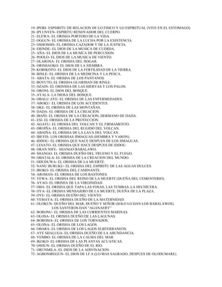 19- IPORI- ESPSIRITU DE RELACION DE LO FISICO Y LO ESPIRITUAL (VIVE EN EL ESTOMAGO).
20- IPI UNYEN- ESPIRITU RENOVADOR DEL CUERPO.
21- ELEWA- EL ORISHA PORTERO DE LA VIDA.
22- OGGUN- EL ORISHA DE LA LUCHA POR LA EXISTENCIA.
23- OSHOSHIS- EL ORISHA CAZADOR Y DE LA JUSTICIA.
24- ERINDE- EL DIOS DE LA MUSICA DE CUERDA.
25- AÑA- EL DIOS DE LA MUSICA DE PERCUSION.
26- POOLO- EL DIOS DE LA MUSICA DE VIENTO.
27- OLAROSA- EL ORISHA DEL HOGAR.
28- ORISHAOKO- EL DIOS DE LA SIEMBRA.
29- KORIKOTO- EL DIOS DE LA FERTILIDAD DE LA TIERRA.
30- BINLE- EL ORISHA DE LA MEDICINA Y LA PESCA.
31- ABATA- EL ORISHA DE LOS PANTANOS.
32- BOYUTO, EL ORISHA GUARDIAN DE RINLE.
33- OZAIN- EL ORINSHA DE LAS HIERVAS Y LOS PALOS.
34- ORONI- EL DIOS DEL BOSQUE.
35- AYALA- LA DIOSA DEL BOSQUE.
36- OBALU AYE- EL ORISHA DE LAS ENFERMEDADES.
37- ABOKU- EL ORISHA DE LOS ACCIDENTES.
38- OKE- EL ORISHA DE LAS MONTAÑAS.
39- DADA- EL ORISHA DE LA CREACION.
40- IBAÑI- EL ORISHA DE LA CREACION, HERMANO DE DADA.
41- ESI- EL ORISHA DE LA PROTECCION.
42- AGAYU- EL ORISHA DEL VOLCAN Y EL FIRMAMENTO.
43- OROIÑA- EL ORISHA DEL RUGIDO DEL VOLCAN.
44- ABAIÑA- EL ORISHA DE LA LAVA DEL VOLCAN.
45- IBEYIS- LOS ORISHAS JIMAGUAS (HEMBRA Y VARON).
46- IDDOU- EL ORISHA QUE NACE DESPUES DE LOS JIMAGUAS.
47- LESATO- EL ORISHA QUE HACE DESPUES DE IDDOU.
48- ORAN NIFE- SHANGO BABALAWO.
49- SHANGO- EL ORISHA DUEÑO DEL TRUENO Y EL FUEGO.
50- OBATALA- EL ORISHA DE LA CREACION DEL MUNDO.
51- ODUDUWA- EL ORISHA DE LA MUERTE.
52- NANU BURUKU- EL ORISHA DEL ESPIRITU DE LAS AGUAS DULCES.
53- IROKO- EL ORISHA DEL CAMINANTE.
54- AROMAN- EL ORISHA DE LOS BASTONES.
55- YEWA- EL ORISHA DEL REINO DE LA MUERTE (DUEÑA DEL CEMENTERIO).
56- AYAO- EL ORISHA DE LA VIRGINIDAD.
57- OBA- EL ORISHA QUE TAPA LAS FOSAS, LAS TUMBAS, LA HECHICERA.
58- OYA- EL ORISHA MENSAJERO DE LA MUERTE, DUEÑA DE LA PLAZA.
59- OYE- EL ORISHA DUEÑO DEL VIENTO.
60- YEMAYA- EL ORISHA DUEÑO DE LA MATERNIDAD.
61- OLOKUN- DUEÑO DEL MAR, DUEÑO Y SEÑOR (SOLO LO DAN LOS BABALAWOS).
LOS SANTEROS DAN “AGANAERY”
62- BORONU- EL ORISHA DE LAS CORRIENTES MARINAS.
63- OLOSA- EL ORISHA DUEÑO DE LAS LAGUNAS.
64- BOROSIA- EL ORISHA DE LOS TORNADOS.
65- OLONA- EL ORISHA DE LOS LAGOS.
66- OBARA- EL ORISHA DE LOS LAGOS SUBTERRANEOS.
67- AYE SHALUGA- EL ORISHA DUEÑO DE LA ABUNDANCIA.
68- YEMBO- EL ORISHA DE LA CALMA DEL MAR.
69- IKOKO- EL ORISHA DE LAS PLANTAS ACUATICAS.
70- OSHUN- EL ORISHA DUEÑO DE EL RIO.
71- ORUNMILA- EL DIOS DE LA ADIVINACION.
72- AGBONIREGUN- EL DIOS DE I.F.A (LO MAS SAGRADO, DESPUES DE OLODUMARE).
 