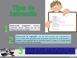 Instrucción compuesta: siempre
contiene entre llaves ({...}) un
“bloque de instrucciones”.


      Instrucción de expresión: son las instrucciones que representan a
      las acciones más pequeñas que se pueden ejecutar en un programa, y
      siempre van seguidas de un carácter punto y coma (;), el cual indica
      que la instrucción ha terminado.


                  Instrucción de control: sirven para modificar el flujo de
                  control de un programa, algunas de ellas deben ir seguidas
                  del carácter punto y coma (;). Existen distintos tipos.
 
