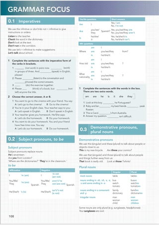 GRAMMAR FOCUS
108
0.1 Imperatives
0.2 Subject pronouns, to be
We use the inﬁnitive or don’t/do not + inﬁnitive to give
instructions or orders:
Listen to the teacher.
Check the word in the dictionary.
Don’t look at the text.
Don’t run in the corridors.
We use let’s + inﬁnitive to make suggestions:
Let’s talk about school.
1 Complete the sentences with the imperative form of
the verbs in brackets.
(work)
in groups of three. And (speak) in English,
please!
2 Please (listen) to the conversation and
(choose) the correct answers.
3 (do) the exercise together.
4 Please (think) of a book, but (not
tell) anyone the title.
2 Choose the correct answer, A or B.
1 You want to go to the cinema with your friend. You say:
A Let’s go to the cinema! B Go to the cinema!
2 You’re in your English class. Your teacher says to you:
A Let’s speak in English. B Don’t speak in English.
3 Your teacher gives you homework. He/She says:
A Let’s do the homework. B Do your homework.
4 You want to do your homework. You and your friend
have free time now. You say:
A Let’s do our homework. B Do our homework.
Subject pronouns
Subject pronouns replace nouns:
He’s seventeen.
Are you from London?
‘Where are the dictionaries?’ ‘They’re in the classroom.’
to be
Afﬁrmative Negative
I ’m (am)
Spanish.
I
’m not
(am not)
Spanish.
You/We/
They
’re (are)
You/We/
They
aren’t/’re
not (are not)
He/She/It ’s (is) He/She/It
isn’t/’s not
(is not)
1 Complete the sentences with the words in the box.
There are two extra words.
am are he is it she they
he Portuguese?
1 Look at this boy.
2 Ruby and Ian my best friends. peak
Russian.
’s from Australia.
4 Answer my question. isn’t difﬁcult.
Demonstrative pronouns
We use this (singular) and these (plural) to talk about people or
objects close to us:
This is my new bicycle. Are these your comics?
We use that (singular) and those (plural) to talk about people
and things further away from us:
That book is really old. Look at those T-shirts!
Plural nouns
Singular Plural
most nouns table tables
nouns ending in -sh, -ch, -s, -x,
-z and some ending in -o
bus
watch
tomato
buses
watches
tomatoes
nouns ending in a consonant
and -y
family
dictionary
families
dictionaries
irregular nouns man
woman
child
men
women
children
Some nouns are only plural (e.g. sunglasses, headphones):
Your sunglasses are cool.
Yes/No questions Short answers
Am I
Spanish?
Yes, I am.
No, I’m not.
Are
you/we/
they
Yes, you/we/they are.
No, you/we/they aren’t.
Is
he/she/
it
Yes, he/she/it is.
No, he/she/it isn’t.
Wh- questions
Where
am I
from?
are you/we/they
is he/she/it
How old
am I
?
are you/we/they
is he/she/it
What
nationality
am I
?
are you/we/they
is he/she/it
0.3
Demonstrative pronouns,
plural nouns
(not work) in pairs now.
1 @@@@@@
3 This is Carol.
 