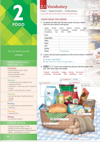 24
Food • Supermarket • Collocations
I can talk about the food I like and don’t like.
2.1 Vocabulary
3 CD•1.38 MP3•38 Listen and complete the phrases with the words in the
box. Then listen again and repeat.
bread chocolate crisps honey ice cream
ketchup lemonade milk potatoes tuna
4 a bar of
2 a carton of
1 a packet of
3 a bottle of
9 a jar of
5 a tub of
6 a loaf of
7 a tin of
8 a can of
10 a bag of
crisps
SHOW WHAT YOU KNOW
1 Complete the table with the food words in the box. Add at
least one more word to each group.
apple bread carrot cheese chicken egg
ice cream juice mushroom orange potato
strawberry tea
Fruit
Vegetables
Dairy
Meat
Fish
Drinks
Other mushroom
2 In pairs, ask and answer questions to ﬁnd out how similar or different
you are.
A: Do you like apples?
B: Yes, I do./No, I don’t. Do you like …?
2
FOOD
You are what you eat.
A PROVERB
U N I T L A N G U A G E
A N D S K I L L S
Vocabulary:
• Show what you know – food
• food containers
• phrases related to food
• in a supermarket
Grammar:
• countable and uncountable nouns
• singular and plural
• quantifiers – some, any, much, many and
a lot of
• articles – a/an, the and no article
Listening:
• an interview about healthy fast food
recipes
• gap ﬁll
Reading:
• an article about unusual restaurants
• matching
Speaking:
• ordering food
Writing:
• an email of invitation
F O C U S E X T R A
• Grammar Focus pages 111–112
• WORD STORE booklet pages 4–5
• Workbook pages 20–31 or MyEnglishLab
• MP3s – www.english.com/focus
tuna water
apple, orange, strawberry
 