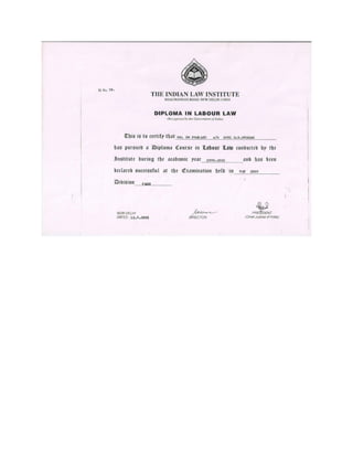 Labour Law Certificate issued by Indian Law Institute New Delhi