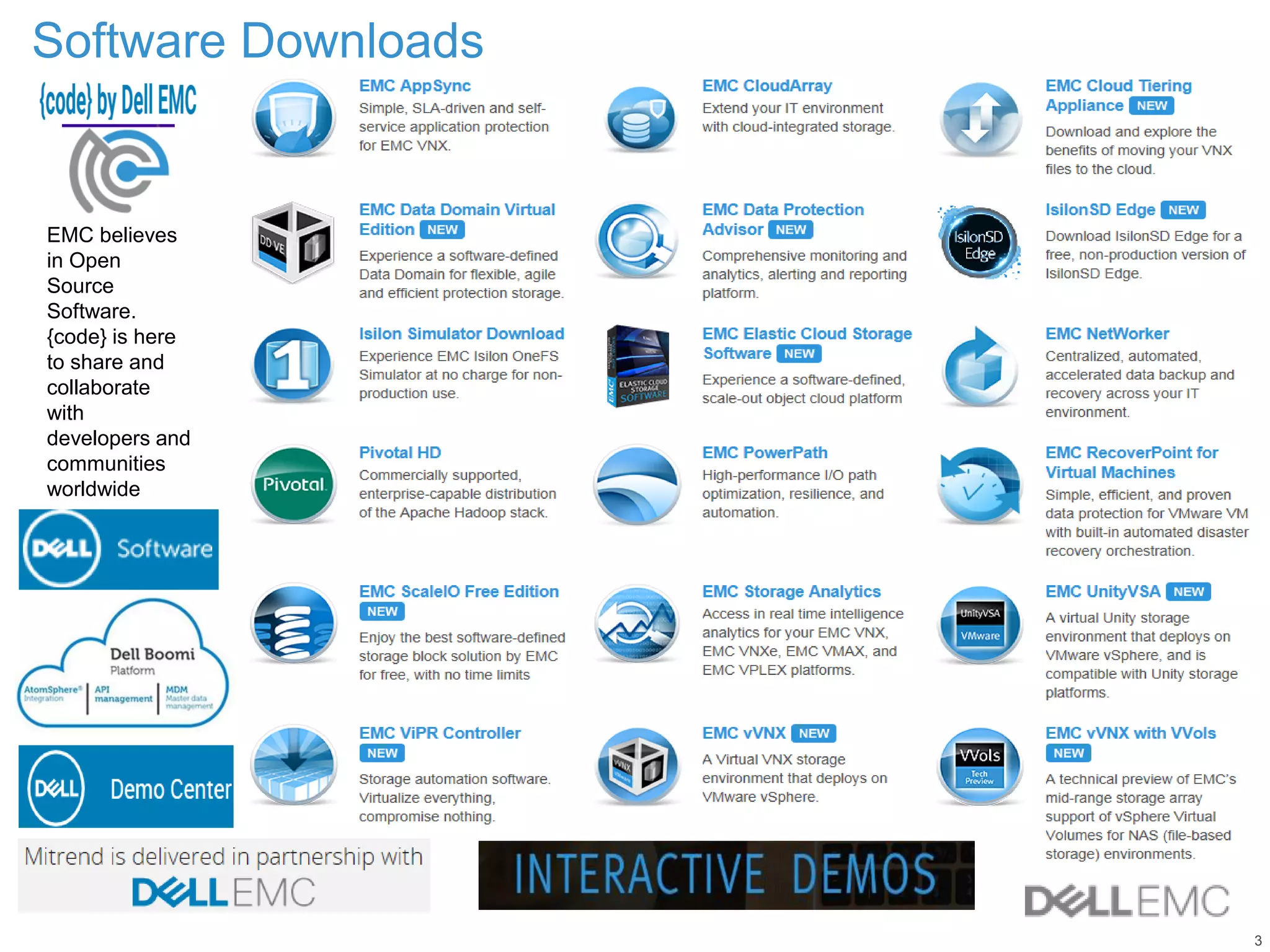 3
Software Downloads
EMC believes
in Open
Source
Software.
{code} is here
to share and
collaborate
with
developers and
communities
worldwide
 