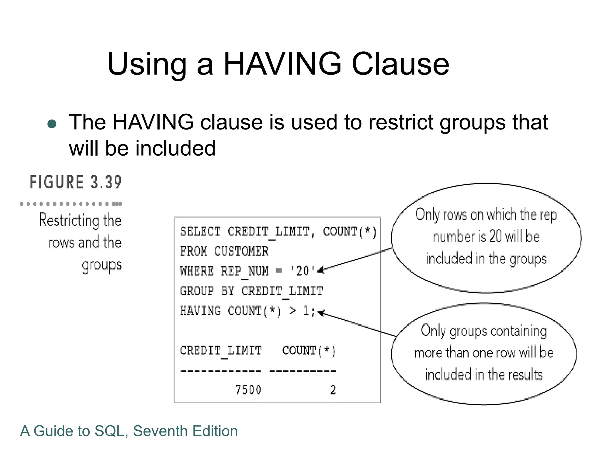 Using a HAVING Clause
 The HAVING clause is used to restrict groups that
will be included
A Guide to SQL, Seventh Edition
 