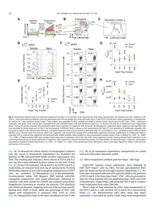 (Fig. 1B). To measure the release kinetics of encapsulated cytokines
over the course of nanoparticle degradation, we incubated the
particles in PBS and performed ELISAs on their supernatants over
time. The resulting plot indicates a burst release of TGF-b and IL-2
over the ﬁrst 4 days, followed by linear release for the next 14 days
(Fig. 1C). At day 5 of incubation, 0.8 ng and 0.5 ng of TGF-b and IL-2,
respectively, are released from each mg of nanoparticles. To verify
the binding capacity of anti-CD4-conjugated nanoparticles to CD4 T
cells, we incubated 1,10-Dioctadecyl-3,3,30,30-tetramethylindo-
tricarbocyanine iodide, AAT Bioquest (DiR) labeled, anti-CD4-
conjugated nanoparticles with mixed splenocytes. Following in-
cubation, cells were stained for CD4-PE and analyzed using Amnis
ImageStream Cytometry to visualize the particles' CD4 speciﬁcity
and cellular localization. Targeting with anti-CD4 increases speciﬁc
binding from 10.8% to 61.6%, while the percentage of CD4þ
cells
tagged with nanoparticles is enhanced from 3.97% to 73.9%
(Fig. 2A). Nanoparticles bind to the outer membrane of CD4 T cells
(Fig. 2B). In all subsequent experiments, nanoparticles are coated
with anti-CD4 unless otherwise stated.
3.2. Nano-encapsulated cytokines generate Foxp3þ
CD4 Tregs
Foxp3-GFP reporter mouse splenocytes were depleted of
CD4þ
CD25þ
Foxp3þ
cells by FACS. Pre-and post-depletion FACS
plots are shown on the left and right columns, respectively (Fig. 3A).
Cells were stimulated with anti-CD3 and anti-CD28 in the presence
of TGF-b and IL-2 for three days. Foxp3þ
CD4þ
cells are generated in
both the nTreg depleted and non-depleted groups (18.9% and 21.9%
of lymphocytes, respectively), indicating that TGF-b and IL-2 induce
Foxp3 expression from naïve CD4 cells.
After 5 days of Treg induction by either nano-encapsulated or
free TGF-b and IL-2, cells secreted TGF-b and IL-10 as measured by
ELISA (Fig. 3B). Representative FACS plots show that Foxp3
expression is increased by nearly 2-fold using nano-encapsulated
Fig. 4. Nanoparticle-induced Tregs have enhanced suppressive function. (A) A schematic of the experimental setup shows representative cell numbers over time. Suppressor cells
(Thy1.1À
) were generated by activating T cells with plate bound anti-CD3 and soluble anti-CD28 with either free IL-2 and TGF-b (10 U/ml and 5 ng/ml, respectively), or nanoparticles
(0.1 mg/ml) for 5 days (induction phase). Foxp3þ
Tregs (yellow) were quantiﬁed by FACS, washed, and added in various relative Treg fractions to CD4þ
Thy1.1þ
CD25À
splenocytes
(responder cells, pink). These cultures were stimulated with anti-CD3/CD28 beads in 96-well ﬂat-bottom plates at a 1:2 bead-to-cell ratio for an additional 4 days (suppression
phase). During this period, responder cells proliferated while Foxp3 expression on suppressor cells decreased. (B) Following the suppression phase, suppressor and responder cells
were identiﬁed by surface expression of Thy1.1 and incorporation of CellTrace Violet as shown in the representative FACS plot. (C) Each generation of proliferated responder cells
was gated as shown in the representative histogram, and gated frequencies were used to calculate proliferative index, PI, as described in Table 2. (D) Representative CellTrace Violet
dilutions across titrated initial Treg fractions shows that suppressor cells treated with nanoparticles preferentially suppressed responder proliferation. (E) Proliferative index of
responder cells co-cultured with suppressor cells generated with soluble cytokines (blue triangles) vs. nano-encapsulated cytokines (green circles) is plotted (*p  0.05, **p  0.005,
***p  0.001). (F) Representative FACS plots compare Foxp3 expression of suppressor cells at the end of the 4-day suppression period, showing elevated Foxp3 expression in the
nano-encapsulated group. (G) Foxp3 expression of suppressor cells is plotted as a function of initial Treg fraction. (H) Total numbers of remaining Foxp3þ
suppressor cell numbers
are plotted as a function of initial Treg fraction. (*p  0.05, **p  0.005, ***p  0.001). (For interpretation of the references to colour in this ﬁgure legend, the reader is referred to the
web version of this article.)
M.D. McHugh et al. / Biomaterials 59 (2015) 172e181176
 