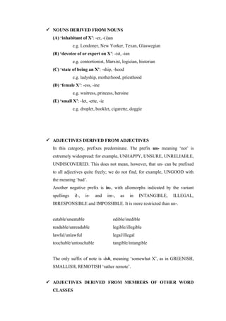  NOUNS DERIVED FROM NOUNS
(A) ‘inhabitant of X’: -er, -(i)an
e.g. Londoner, New Yorker, Texan, Glaswegian
(B) ‘devotee of or expert on X’: -ist, -ian
e.g. contortionist, Marxist, logician, historian
(C) ‘state of being an X’: -ship, -hood
e.g. ladyship, motherhood, priesthood
(D) ‘female X’: -ess, -ine
e.g. waitress, princess, heroine
(E) ‘small X’: -let, -ette, -ie
e.g. droplet, booklet, cigarette, doggie
 ADJECTIVES DERIVED FROM ADJECTIVES
In this category, prefixes predominate. The prefix un- meaning ‘not’ is
extremely widespread: for example, UNHAPPY, UNSURE, UNRELIABLE,
UNDISCOVERED. This does not mean, however, that un- can be prefixed
to all adjectives quite freely; we do not find, for example, UNGOOD with
the meaning ‘bad’.
Another negative prefix is in-, with allomorphs indicated by the variant
spellings il-, ir- and im-, as in INTANGIBLE, ILLEGAL,
IRRESPONSIBLE and IMPOSSIBLE. It is more restricted than un-.
eatable/uneatable edible/inedible
readable/unreadable legible/illegible
lawful/unlawful legal/illegal
touchable/untouchable tangible/intangible
The only suffix of note is -ish, meaning ‘somewhat X’, as in GREENISH,
SMALLISH, REMOTISH ‘rather remote’.
 ADJECTIVES DERIVED FROM MEMBERS OF OTHER WORD
CLASSES
 