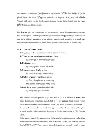 one lexeme; for example, [rouz] is shared by the noun  ‘line of objects’ (as its
plural form), the noun  (as its basic, or singular, form), the verb 
‘propel with oars’ (as its third person singular present tense form), and the verb
 (as its past tense form).
One lexeme may be represented by two (or more) quite distinct root morphemes
(not allomorphs). The term given to this phenomenon is suppletion; go and went are
said to be distinct roots (and hence distinct morphemes), standing in a suppletive
relationship as representatives, in different grammatical contexts, of one lexeme.
INFLECTION OF VERBS
In English, a verb lexeme has at most five distinct forms:
1. Third person singular present tense: gives
e.g. Mary gives a lecture every year.
2. Past tense: gave
e.g. Mary gave a lecture last week.
3. Progressive participle: giving
e.g. Mary is giving a lecture today.
4. Perfect or passive participle: given
e.g. Mary has given a lecture today.
The lecture is always given by Mary.
5. basic form (used everywhere else): give
e.g. Mary may give a lecture.
The contrast between present at (1) and past at (2) is a contrast of tense. The
other dimensions of contrast manifested in (1) are person (third person versus
the rest) and number (singular versus plural, just as for nouns and pronouns).
However, because only one-word form (gives) exhibits these contrasts, they play
a much smaller inflectional role in modern English verbs than in Old English
verbs.
Other verbs or verb-like words whose behaviour belongs to grammar rather than
word-formation are the auxiliaries, such as BE and HAVE, and modals, such as
CAN, MUST, MAY. Their various forms distinguish an unusually small or large
 