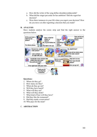 a. How did the writer of the song define shouldawouldacoulda?
b. What did the singer put aside for her ambition? Did she regret her
decision?
c. Were there instances in your life when you regret your decision? How
do you move on after regretting a decision that you made?
B. ANALYSIS
Have students analyze the comic strip and find the right answer to the
questions below.
Questions:
1. Where do they go?
2. How many are they?
3. When do they go out?
4. Will they have lunch?
5. What will they eat?
6. What will they drink?
7. What kind of beer will they have?
8. Did they like the restaurant?
9. Had they made a reservation?
10. Who pays for the meat?
C. ABSTRACTION
102
 