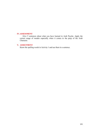 IV.ASSESSMENT
Give 5 sentences about what you have learned in Arab Psyche. Apply the
correct usage of modals especially when it comes to the peep of the Arab
Character.
V. ASSIGNMENT
Know the spelling words in Activity 1 and use them in a sentence.
121
 