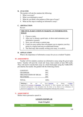 B. ANALYSIS
The teacher will ask the students the following:
1. What is an essay?
2. What is an informative essay?
3. What do you think is the purpose of this type of essay?
4. What are the steps in making an informative essay?
C. ABSTRACTION
Review
D. APPLICATION
What is the importance of informative essays for you as a student? Explain
IV.ASSESSMENT
Teacher will let students construct an informative essay using the given topic
below. Teacher will post the visual aid. Essay must contain at least 300 words.
They will need to encode their essay in a short bond paper using the TABLETPC
provided by the teacher. Be guided with the following criteria:
CONTENT- 30%
GRAMMAR- 30%
ORGANIZATION OF IDEAS- 30%
NEATNESS- 10%
TOTAL 100%
V. ASSIGNMENT
Define what a persuasive speech is.
LESSON EXEMPLAR
Grade 8 English
Quarter Third
148
THE FIVE (5) KEY STEPS IN MAKING AN INFORMATIVE
ESSAY
1. Choose a topic.
2. After you’ve chosen a good topic, sit down and commence your
informative research.
3. Next, you will create a content map.
4. Create an essay outline that will prepare you to organize your key
points in a logical and easy-to-understand format.
5. The final step, after actually writing your essay, is to edit it.
Bullying is the use of force, coercion, or threat, to abuse,
aggressively dominate or intimidate. The behavior is often repeated and habitual. One
essential prerequisite is the perception (by the bully or by others) of an imbalance of
physical or social power. This imbalance distinguishes bullying from conflict.
 