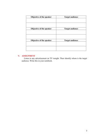 Objective of the speaker Target audience
Objective of the speaker Target audience
Objective of the speaker Target audience
V. ASSIGNMENT
Listen to any advertisement on TV tonight. Then identify whom is the target
audience. Write this in your notebook.
3
 